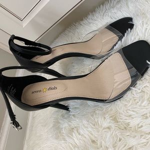 Black clear open toe heels
